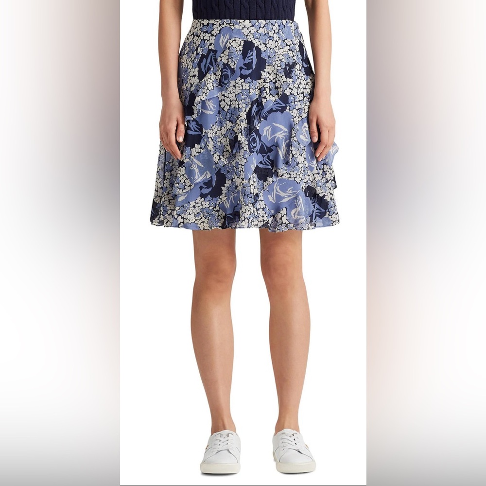Lauren Ralph Lauren Floral Print Georgette Ruffle Trim A-Line Skirt - Picture 6 of 7